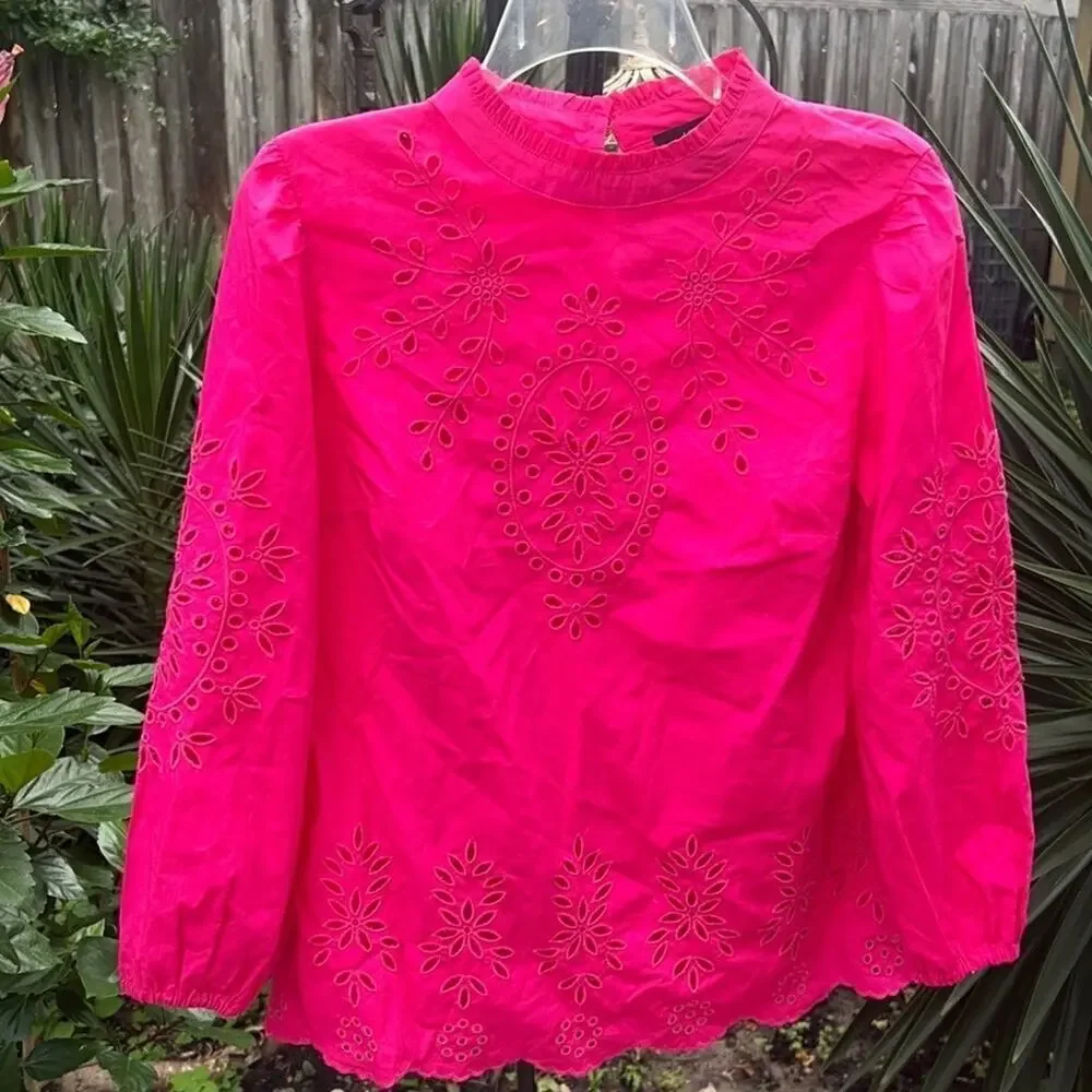 ▶️ J.Crew ◀️ Pink Mockneck Cotton Poplin Top with Embroidered Eyelet